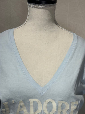 J'Adore Dior V Neck 2000s Galliano Christian Dior Sexy Graphic Tee EU 36 Baby Blue White Text World Champion 1947 Iconic Rare