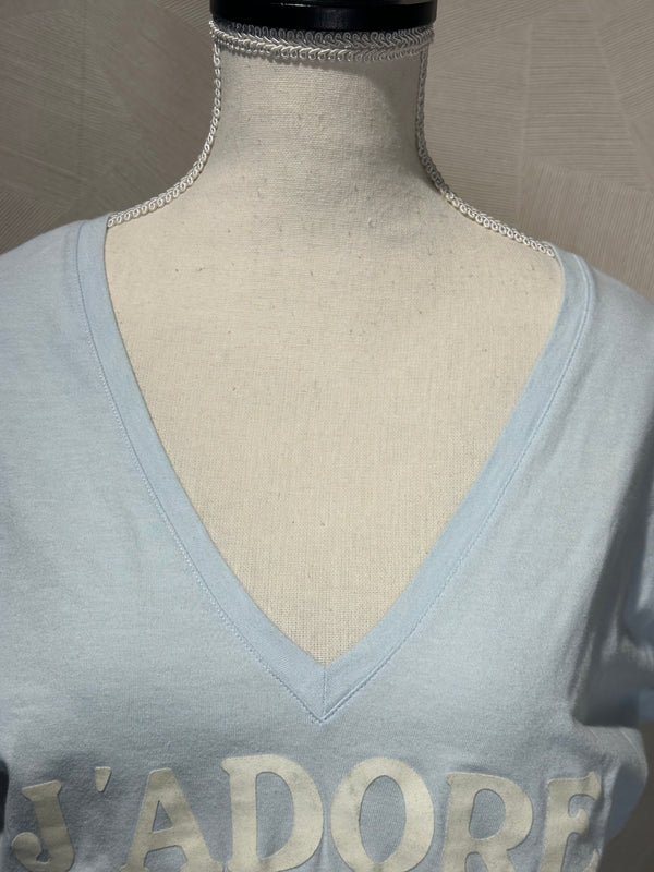 J'Adore Dior V Neck 2000s Galliano Christian Dior Sexy Graphic Tee EU 36 Baby Blue White Text World Champion 1947 Iconic Rare
