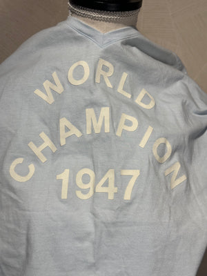 J'Adore Dior V Neck 2000s Galliano Christian Dior Sexy Graphic Tee EU 36 Baby Blue White Text World Champion 1947 Iconic Rare