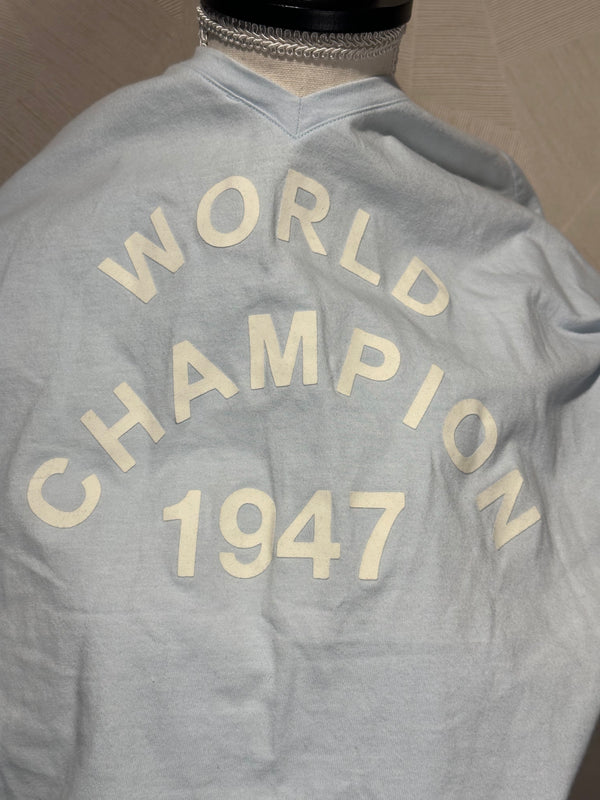 J'Adore Dior V Neck 2000s Galliano Christian Dior Sexy Graphic Tee EU 36 Baby Blue White Text World Champion 1947 Iconic Rare