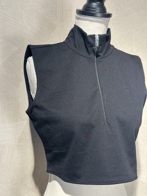 Prada Brand New With Tags High Neck Black Sleeveless Cropped Tank Sexy Sleek 90s Style fitted Logo Zipper Top