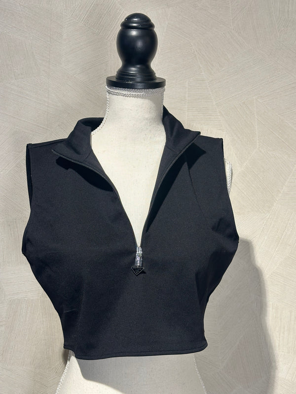Prada Brand New With Tags High Neck Black Sleeveless Cropped Tank Sexy Sleek 90s Style fitted Logo Zipper Top