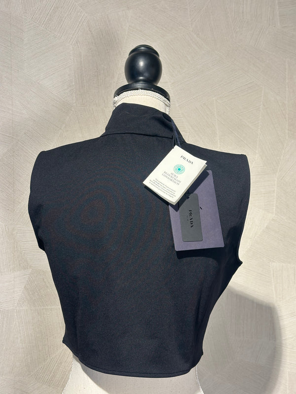 Prada Brand New With Tags High Neck Black Sleeveless Cropped Tank Sexy Sleek 90s Style fitted Logo Zipper Top