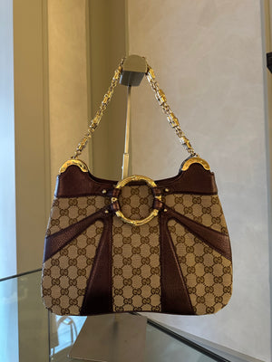 Gucci Tom Ford GG Dragon Bamboo Shoulder Bag Canvas Gold GG Monogram Dionysus Purple Shimmer Trim Gold Chain Strap