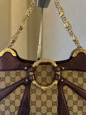 Gucci Tom Ford GG Dragon Bamboo Shoulder Bag Canvas Gold GG Monogram Dionysus Purple Shimmer Trim Gold Chain Strap