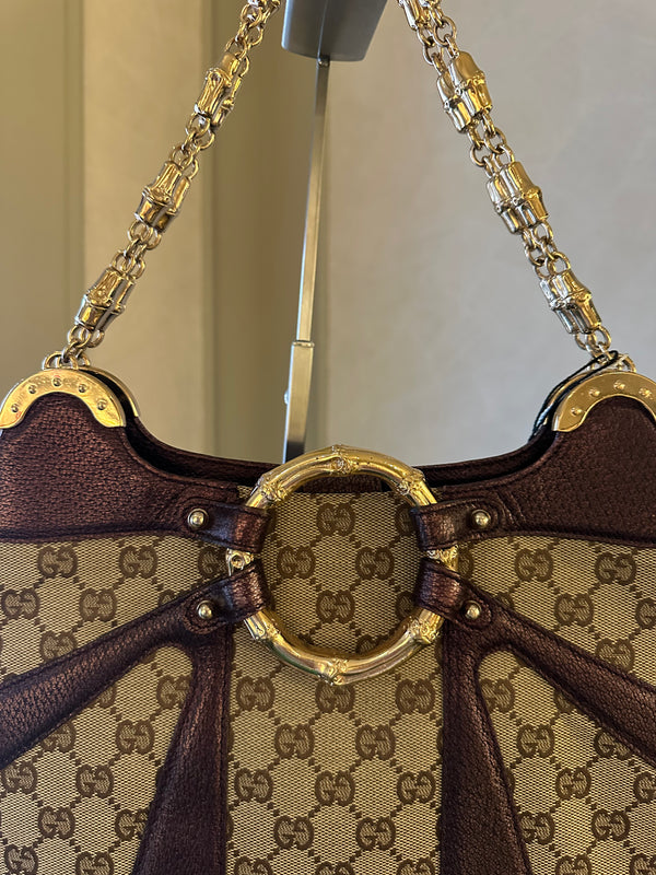 Gucci Tom Ford GG Dragon Bamboo Shoulder Bag Canvas Gold GG Monogram Dionysus Purple Shimmer Trim Gold Chain Strap