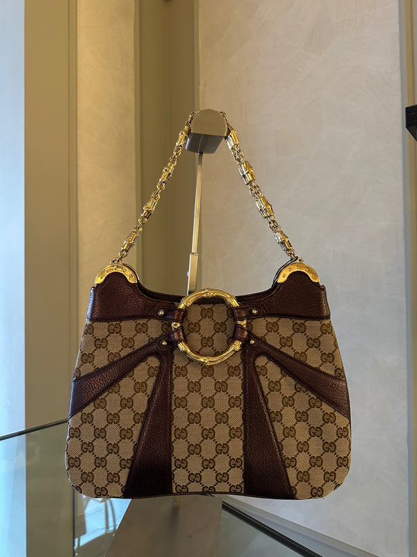 Gucci Tom Ford GG Dragon Bamboo Shoulder Bag Canvas Gold GG Monogram Dionysus Purple Shimmer Trim Gold Chain Strap
