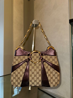 Gucci Tom Ford GG Dragon Bamboo Shoulder Bag Canvas Gold GG Monogram Dionysus Purple Shimmer Trim Gold Chain Strap