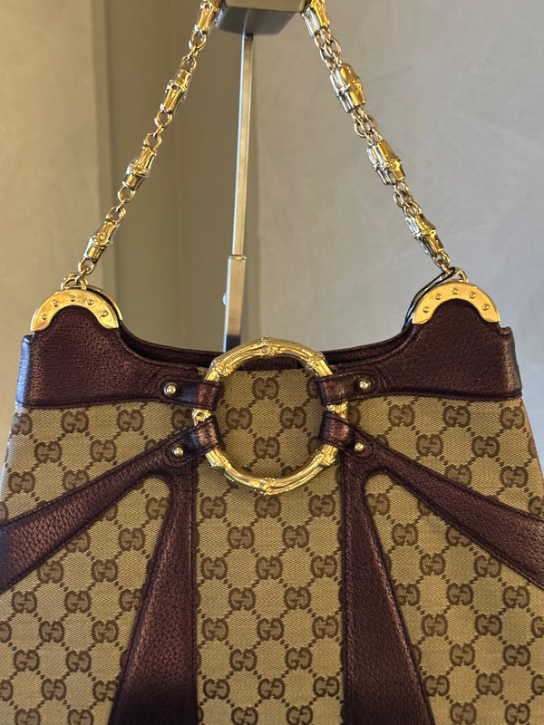 Gucci Tom Ford GG Dragon Bamboo Shoulder Bag Canvas Gold GG Monogram Dionysus Purple Shimmer Trim Gold Chain Strap