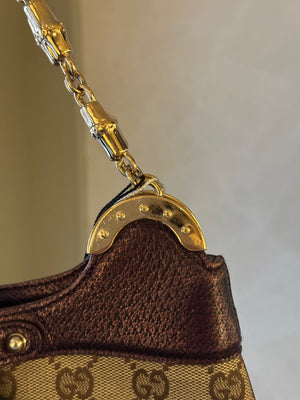 Gucci Tom Ford GG Dragon Bamboo Shoulder Bag Canvas Gold GG Monogram Dionysus Purple Shimmer Trim Gold Chain Strap