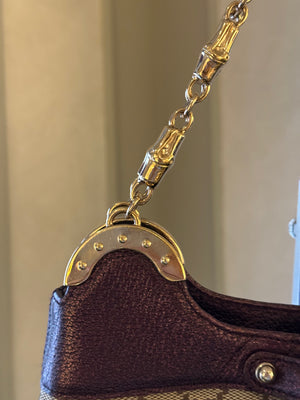 Gucci Tom Ford GG Dragon Bamboo Shoulder Bag Canvas Gold GG Monogram Dionysus Purple Shimmer Trim Gold Chain Strap