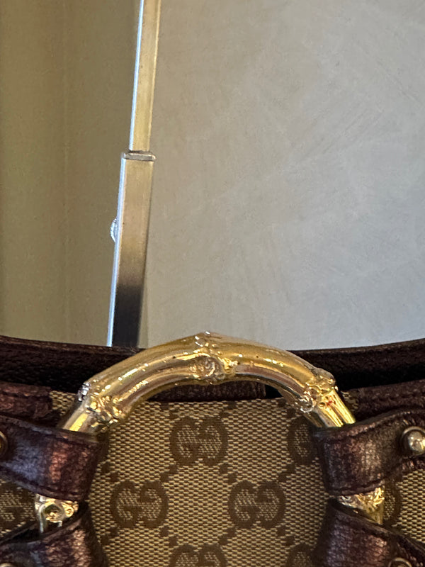 Gucci Tom Ford GG Dragon Bamboo Shoulder Bag Canvas Gold GG Monogram Dionysus Purple Shimmer Trim Gold Chain Strap