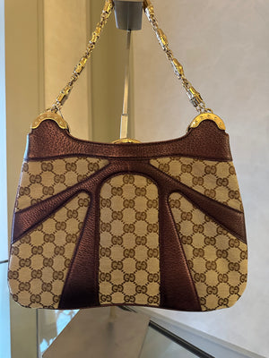 Gucci Tom Ford GG Dragon Bamboo Shoulder Bag Canvas Gold GG Monogram Dionysus Purple Shimmer Trim Gold Chain Strap
