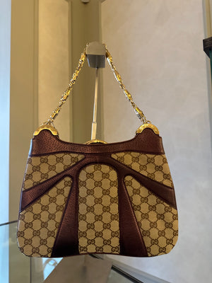 Gucci Tom Ford GG Dragon Bamboo Shoulder Bag Canvas Gold GG Monogram Dionysus Purple Shimmer Trim Gold Chain Strap