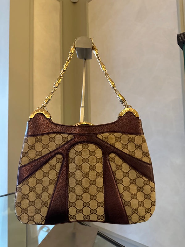 Gucci Tom Ford GG Dragon Bamboo Shoulder Bag Canvas Gold GG Monogram Dionysus Purple Shimmer Trim Gold Chain Strap