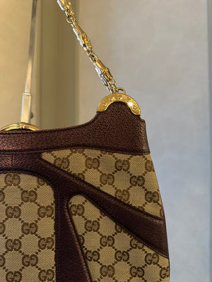 Gucci Tom Ford GG Dragon Bamboo Shoulder Bag Canvas Gold GG Monogram Dionysus Purple Shimmer Trim Gold Chain Strap