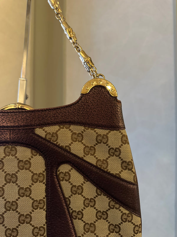 Gucci Tom Ford GG Dragon Bamboo Shoulder Bag Canvas Gold GG Monogram Dionysus Purple Shimmer Trim Gold Chain Strap