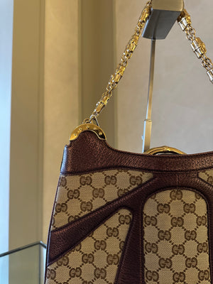 Gucci Tom Ford GG Dragon Bamboo Shoulder Bag Canvas Gold GG Monogram Dionysus Purple Shimmer Trim Gold Chain Strap