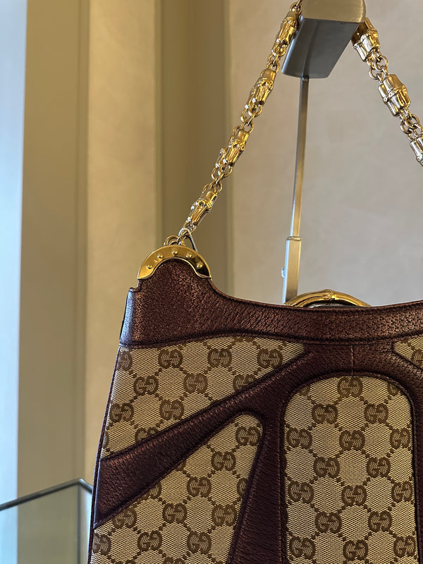 Gucci Tom Ford GG Dragon Bamboo Shoulder Bag Canvas Gold GG Monogram Dionysus Purple Shimmer Trim Gold Chain Strap