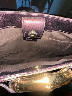 Gucci Tom Ford GG Dragon Bamboo Shoulder Bag Canvas Gold GG Monogram Dionysus Purple Shimmer Trim Gold Chain Strap