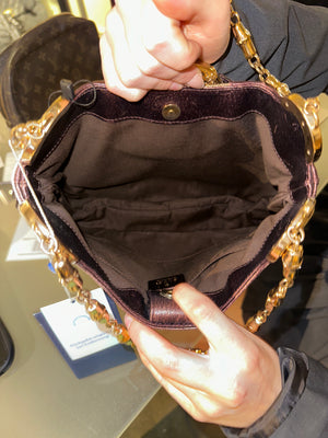 Gucci Tom Ford GG Dragon Bamboo Shoulder Bag Canvas Gold GG Monogram Dionysus Purple Shimmer Trim Gold Chain Strap