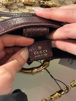 Gucci Tom Ford GG Dragon Bamboo Shoulder Bag Canvas Gold GG Monogram Dionysus Purple Shimmer Trim Gold Chain Strap