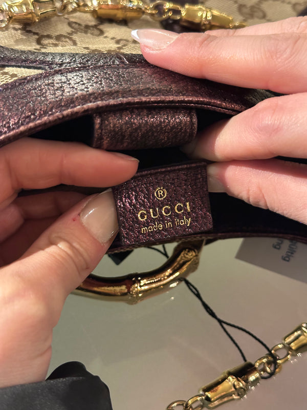 Gucci Tom Ford GG Dragon Bamboo Shoulder Bag Canvas Gold GG Monogram Dionysus Purple Shimmer Trim Gold Chain Strap