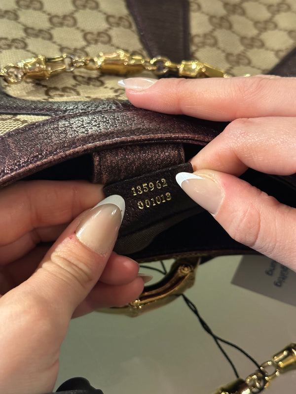 Gucci Tom Ford GG Dragon Bamboo Shoulder Bag Canvas Gold GG Monogram Dionysus Purple Shimmer Trim Gold Chain Strap