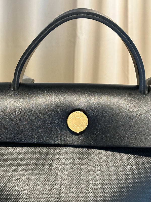 Hermès Herbag Zip 31 Leather & Toile Canvas Handbag Black Gold Hardware Top Handle