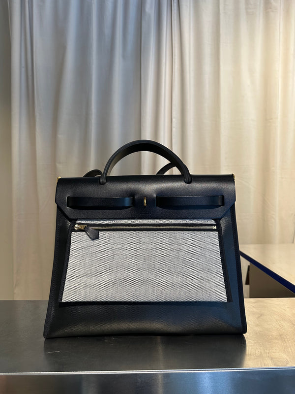 Hermès Herbag Zip 31 Leather & Toile Canvas Handbag Black Gold Hardware Top Handle