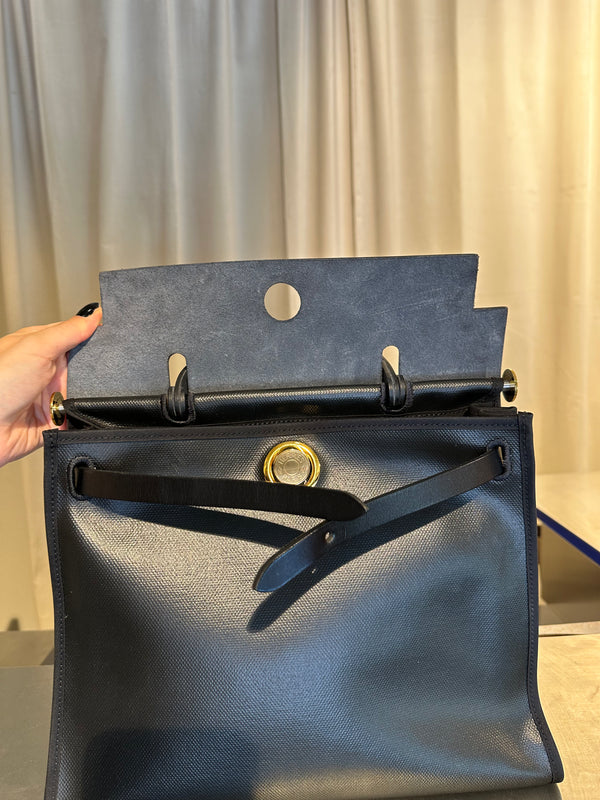 Hermès Herbag Zip 31 Leather & Toile Canvas Handbag Black Gold Hardware Top Handle