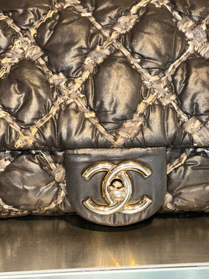 Chanel Black Quilted Satin Tweed Medium Classic Single Flap Shoulder Bag Gold Hardware