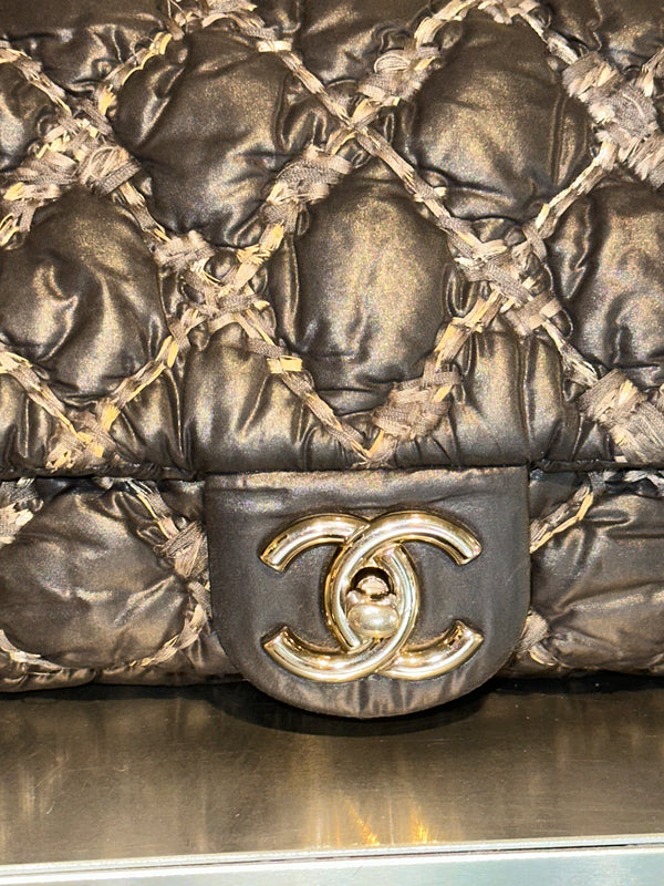 Chanel Black Quilted Satin Tweed Medium Classic Single Flap Shoulder Bag Gold Hardware
