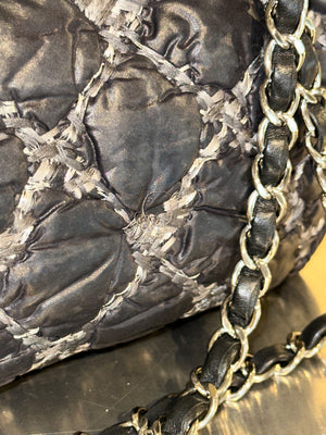 Chanel Black Quilted Satin Tweed Medium Classic Single Flap Shoulder Bag Gold Hardware