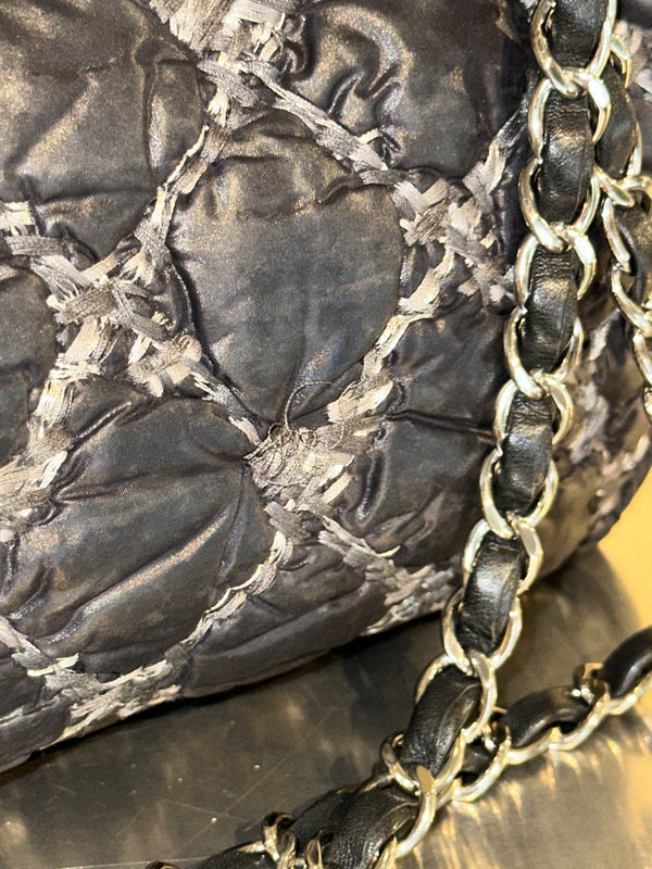 Chanel Black Quilted Satin Tweed Medium Classic Single Flap Shoulder Bag Gold Hardware