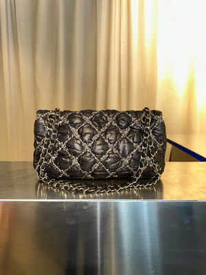 Chanel Black Quilted Satin Tweed Medium Classic Single Flap Shoulder Bag Gold Hardware