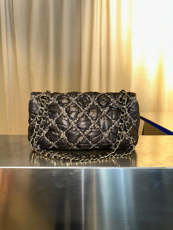 Chanel Black Quilted Satin Tweed Medium Classic Single Flap Shoulder Bag Gold Hardware