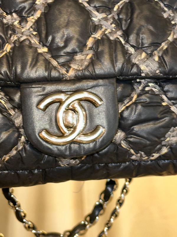 Chanel Black Quilted Satin Tweed Medium Classic Single Flap Shoulder Bag Gold Hardware