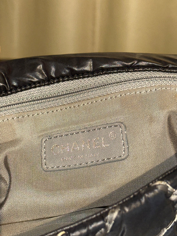 Chanel Black Quilted Satin Tweed Medium Classic Single Flap Shoulder Bag Gold Hardware