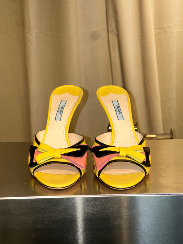 Prada Spring Summer 2012 Hot Rod Flame Collection Yellow Pink Black Patent Leather Open Toe Mule Sandals Stiletto Heels Archive Shoes Size EU 39