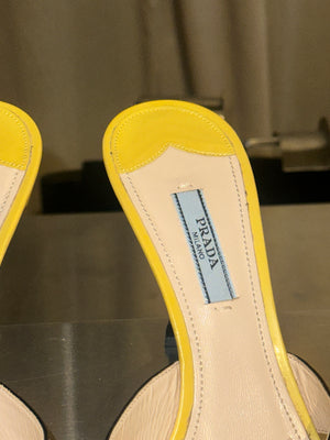 Prada Spring Summer 2012 Hot Rod Flame Collection Yellow Pink Black Patent Leather Open Toe Mule Sandals Stiletto Heels Archive Shoes Size EU 39