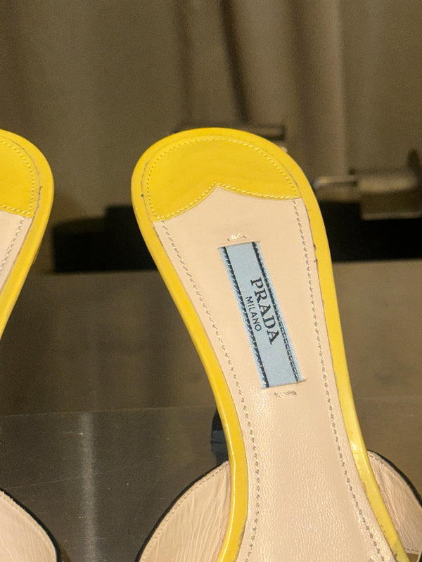 Prada Spring Summer 2012 Hot Rod Flame Collection Yellow Pink Black Patent Leather Open Toe Mule Sandals Stiletto Heels Archive Shoes Size EU 39