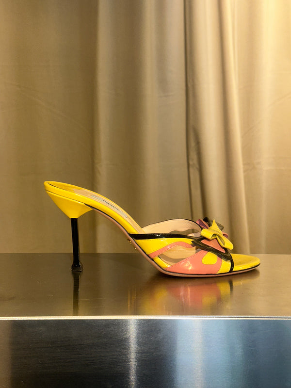 Prada Spring Summer 2012 Hot Rod Flame Collection Yellow Pink Black Patent Leather Open Toe Mule Sandals Stiletto Heels Archive Shoes Size EU 39