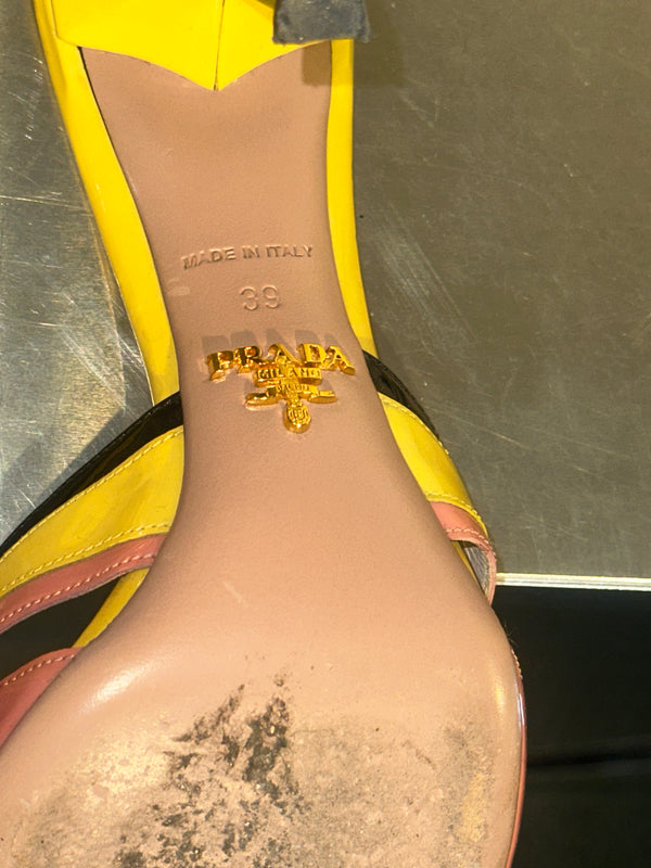 Prada Spring Summer 2012 Hot Rod Flame Collection Yellow Pink Black Patent Leather Open Toe Mule Sandals Stiletto Heels Archive Shoes Size EU 39