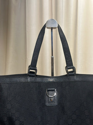 Gucci Vintage 2000s Abbey D Ring Tote Bag Black GG Monogram Canvas Leather Trim Silver Tone Hardware