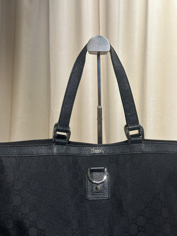 Gucci Vintage 2000s Abbey D Ring Tote Bag Black GG Monogram Canvas Leather Trim Silver Tone Hardware