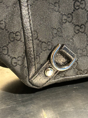 Gucci Vintage 2000s Abbey D Ring Tote Bag Black GG Monogram Canvas Leather Trim Silver Tone Hardware