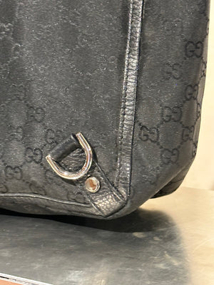 Gucci Vintage 2000s Abbey D Ring Tote Bag Black GG Monogram Canvas Leather Trim Silver Tone Hardware