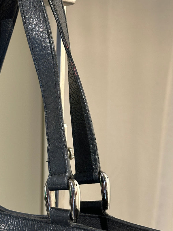Gucci Vintage 2000s Abbey D Ring Tote Bag Black GG Monogram Canvas Leather Trim Silver Tone Hardware
