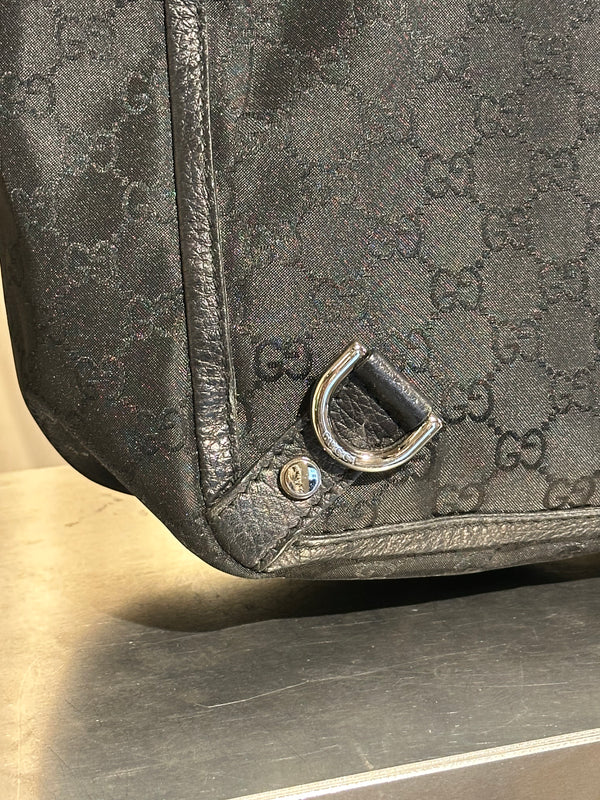 Gucci Vintage 2000s Abbey D Ring Tote Bag Black GG Monogram Canvas Leather Trim Silver Tone Hardware